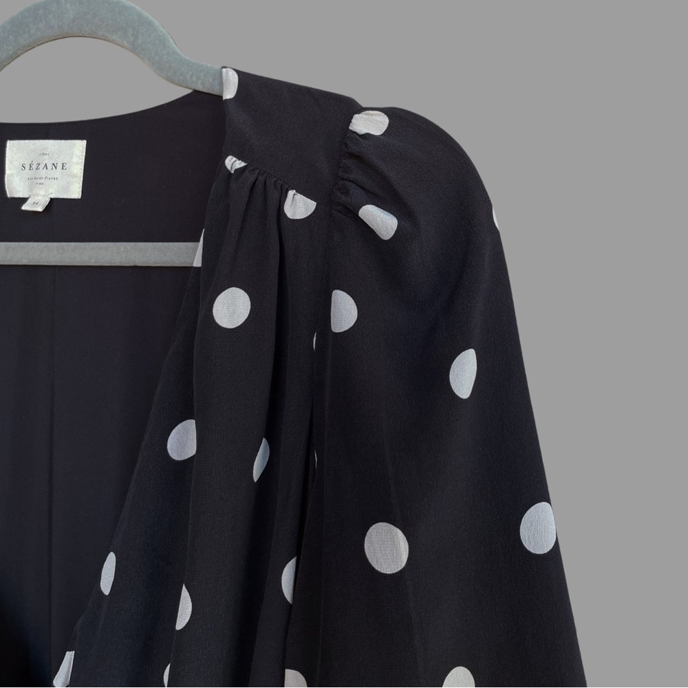 SEZANE Black & White Silk Polka Dot Long Sleeve V Neck Mini Wrap Dress - Picture 7 of 16